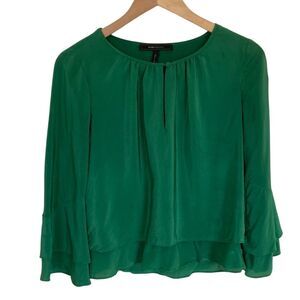 BCBGMaxAzria Pullover Tiered Flowy Silk‎ Blouse in Green Size XS